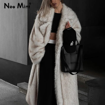 Vintage Luxury Long Faux Fox Fur Coat Women  Winter Warm Fluffy Fur Jacket Female Street Furry Outerwear Overcoat