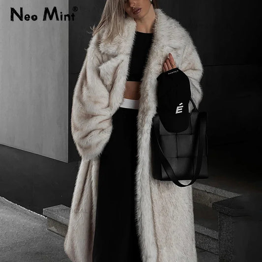 Vintage Luxury Long Faux Fox Fur Coat Women  Winter Warm Fluffy Fur Jacket Female Street Furry Outerwear Overcoat