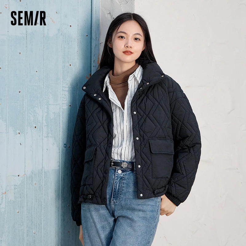 Cotton Clothing Women Stand Collar Loose  New Winter Texture Rhombus Cotton Coat Fashion Casual