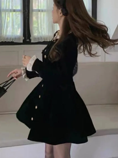 Autumn Black Velvet Dresses for Women Long Sleeve Single Breasted Evening Party Dress Korean Fashion A-line Vestido Mujer New