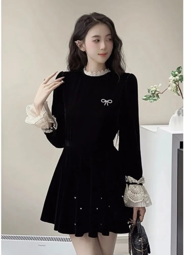 Autumn Elegant Velvet Two-piece Skirt Set Women Long Sleeve Lace Patchwork Crop Top Mini Skirt Korean Fashion Y2K Chic Outfits