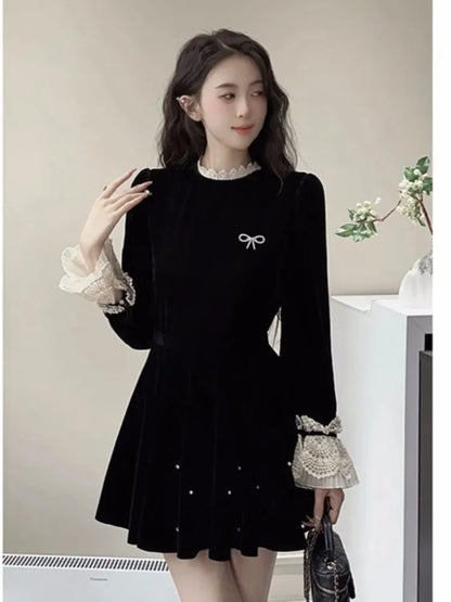 Autumn Elegant Velvet Two-piece Skirt Set Women Long Sleeve Lace Patchwork Crop Top Mini Skirt Korean Fashion Y2K Chic Outfits
