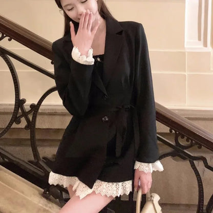 Elegant Black Suit Dress Women Lace Patchwork Blazer Dress Turn-down Collar Slim Korean Fashion Y2K Autumn New Mini Vestidos