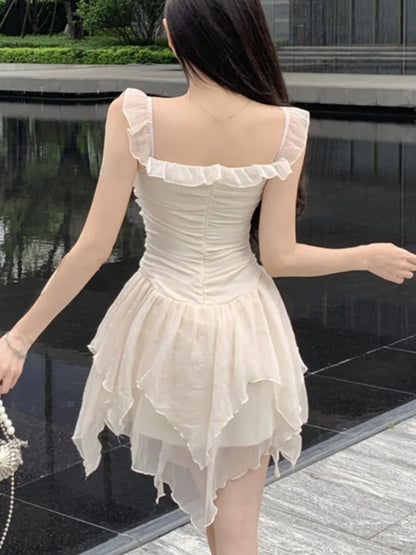 Y2K Irregular Ruffles Short Dresses for Women Spaghetti Strap High Waist A-line Summer New Korean Fashion One Piece Party Dress