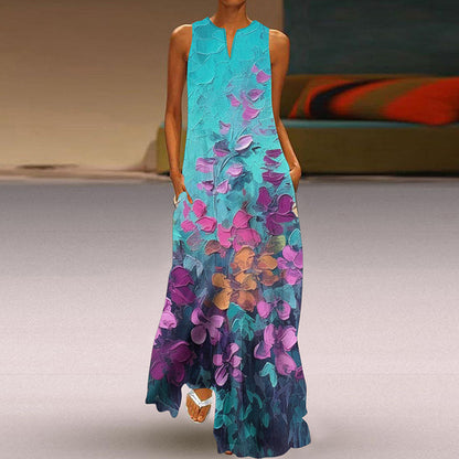 2025 Summer New Vintage Flower Printed Long Dresses Women Fashion V-neck Loose Sleeveless Dress Casual Commuting Vestidos Female