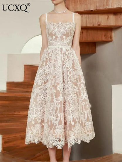 Square Neck Lace Embroidery Elegant Long Dress Fairycore Waist Sleeveless Camisole Dresses Women 2025 Spring Summer 23A8639