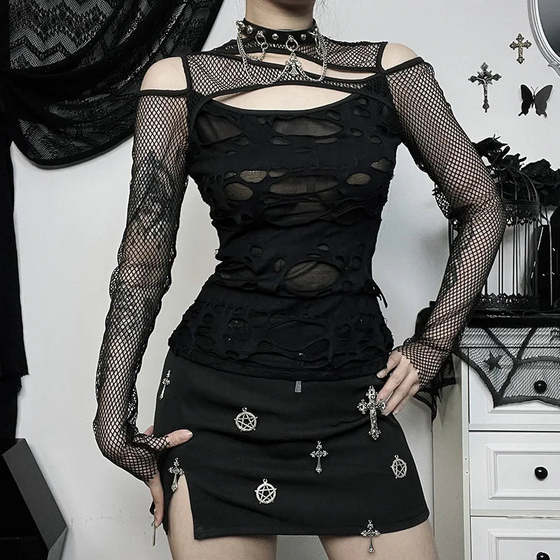 Gothic Chick Tops Y2k Personalized Dark Wind Slim Grid Hole Breaking Long Sleeve Tops FeTide