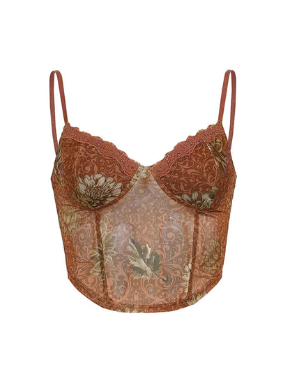 Floral Print Vintage Aesthetic Mesh Camisole Women Brown Cute Y2K Crop Top