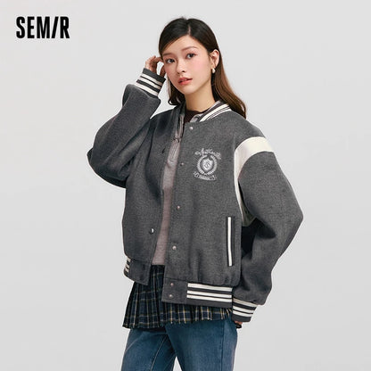 Coat Women Embroidery Patchwork Contrast Color Loose Jacket  New Winter Imitation Woolen Baseball Jacket