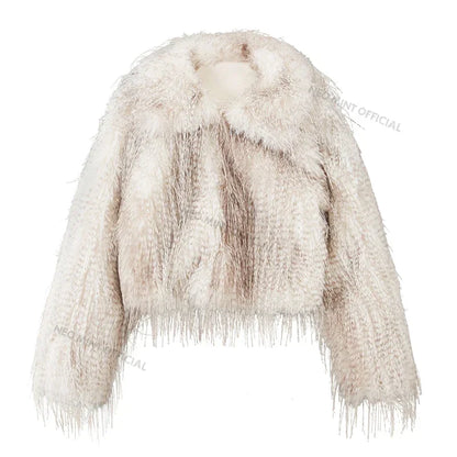 Exclusive Designer  Winter Gradient Faux Peacock Fur Coat Women Furry Tassels Fur Jackets Chic Y3k Girls Outerwears