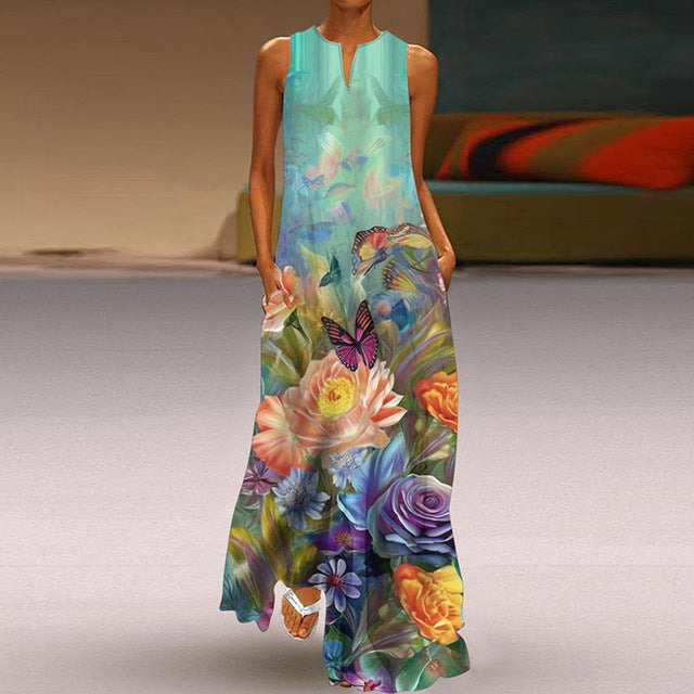 2025 Summer New Vintage Flower Printed Long Dresses Women Fashion V-neck Loose Sleeveless Dress Casual Commuting Vestidos Female