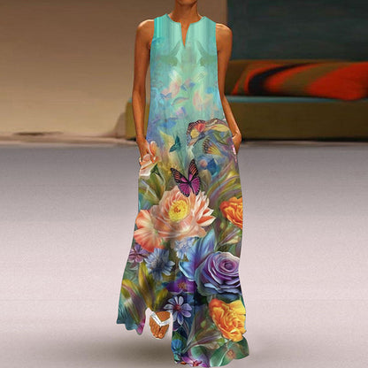 2025 Summer New Vintage Flower Printed Long Dresses Women Fashion V-neck Loose Sleeveless Dress Casual Commuting Vestidos Female