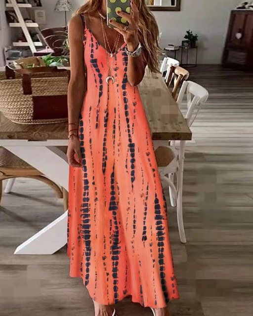 Casual Printed Maxi Spaghetti Strap Dresses For Women V-neck Backless A-line Long Dress Fashion Bohemian Style Beach Vestidos