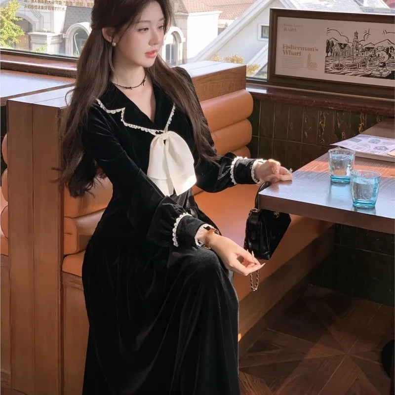 Elegant Vintage Lapel Midi Dresses for Women Bow Long Sleeve Birthday Party Dress A-line Autumn New Korean Fashion Vestido Mujer