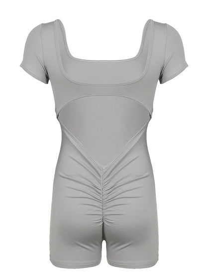 Shirring Backless Square Collar Short Sleeve Skinny Sexy Gray Rompers Womens Playsuit Black Rave Summer Baddie Outfits