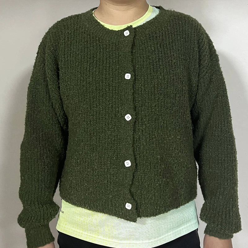 Solid Color Simple Knitted Women's Cardigan Casual Loose Round Neck Single Breasted Sweater Fashion Retro Tops Short Sweaters
