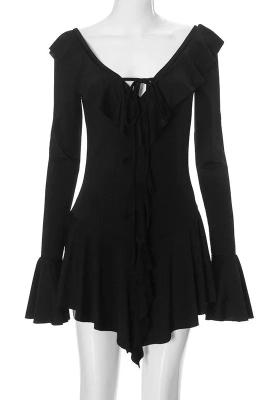 Deep V-Neck Bodycon Dress with Flared Sleeves