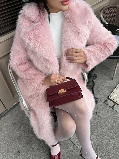 Winter Fur Feather Loose Overcoat Women’s Fashion Pocket Solid Commute Streetwear Jacket Ladies Luxury Patchwork Coat 2025