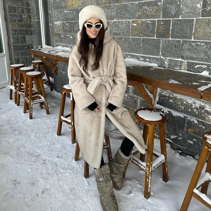 Belted Faux Mink Fur Coat Women  Winter Beige Gradient Furry Fur Jacket Luxury Brand Hooded Warm Outerwear Overcoat