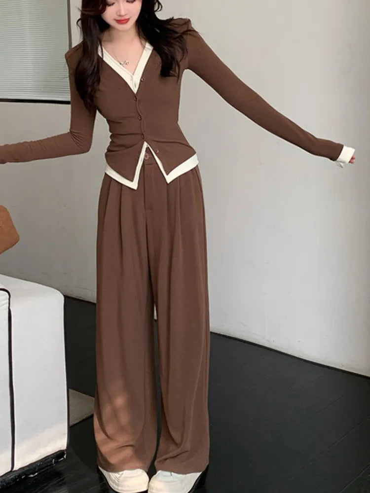 Autumn Casual Two-piece Pants Set Women Long Sleeves V-neck Single Breasted Top Wide Leg Pants Korean Fashion Outfits New
