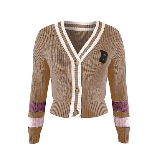 Women's Cozy V-neck Knit Cardigan with Striped Style | Ideal for Autumn/Winter