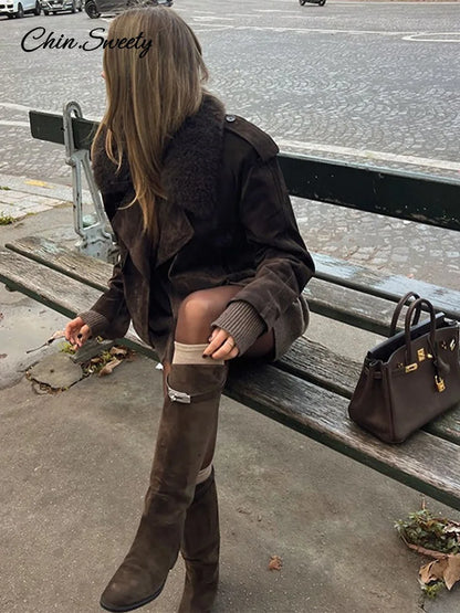 Vintage Cropped Suede Jacket Women Lapel Fur Collar Lace Up Long Sleeve Coat Female  Winter Fashion Lady High Street Outwear