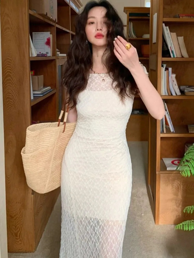 Elegant Mesh Two Piece Dress Set Slim Midi Dresses for Women Frence Retro Lace Y2K Bodycon Birthday Party Dress Prom Vestidos