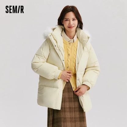 Down Jacket Women Mid-Length Fur Collar Hooded Warm  Winter New Temperament Loose Waterproof Windproof Down Jacket
