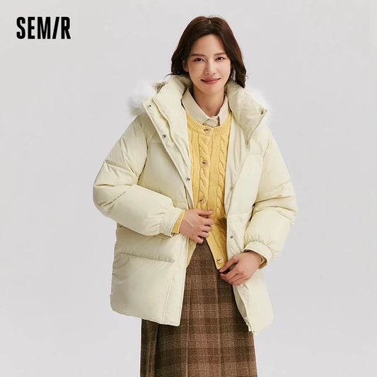 Down Jacket Women Mid-Length Fur Collar Hooded Warm  Winter New Temperament Loose Waterproof Windproof Down Jacket