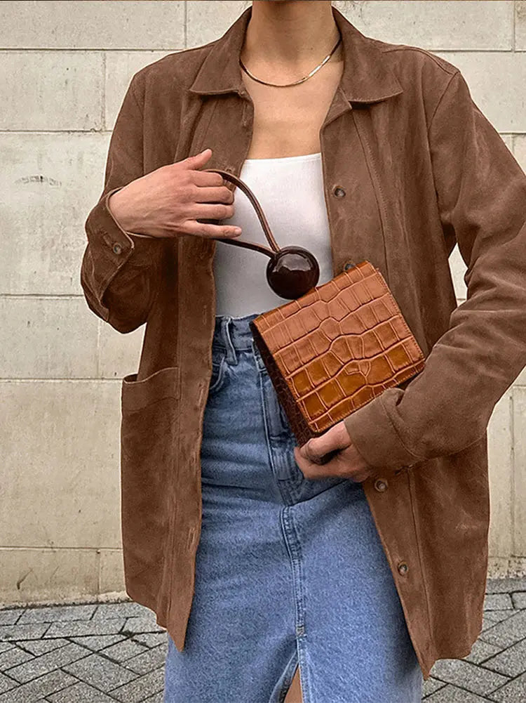 Casual Suede Long Sleeve Jackets Women Autumn Loose Brown Lapel Coat Top With Pockets Female Elegant Chic Street New in Outwear