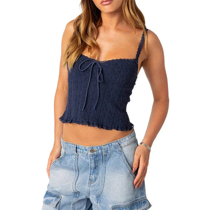 Lace Trim Tank Top Solid Color Spaghetti Strap Sleeveless Camisole with Bow y2k Aesthetic Clothes Clubwear