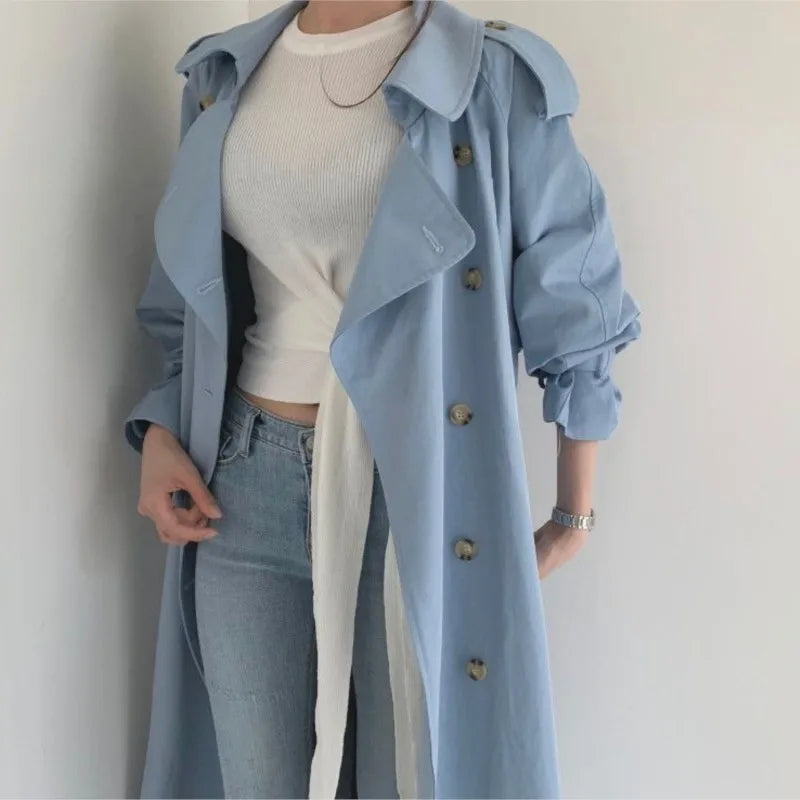 Women Long Trench Coat New Spring Autumn Casual Lapel Double Breasted with Belt Loose Coat Office Lady Korean Fashion Outerwear