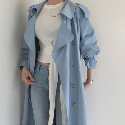 Women Long Trench Coat New Spring Autumn Casual Lapel Double Breasted with Belt Loose Coat Office Lady Korean Fashion Outerwear