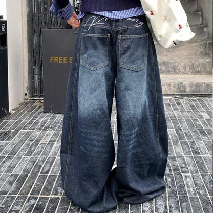 Y2k Letter Embroidery Washed Women Jeans Vintage Harajuku Wide Leg Denim Pants Baggy Gyaru Scimitar Trousers Streetwear