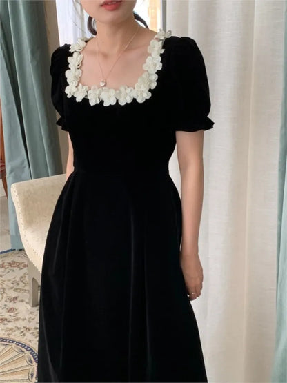 Autumn French Vintage Black Velvet Midi Dresses for Women Puff Sleeves Square Collar A-line Korean Fashion Vestido Mujer New