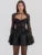 Black Lace Puffball Sexy Mini Dress For Women Fashion Lace-up Sheer Long Flare Sleeve High Waist Club Party Dress