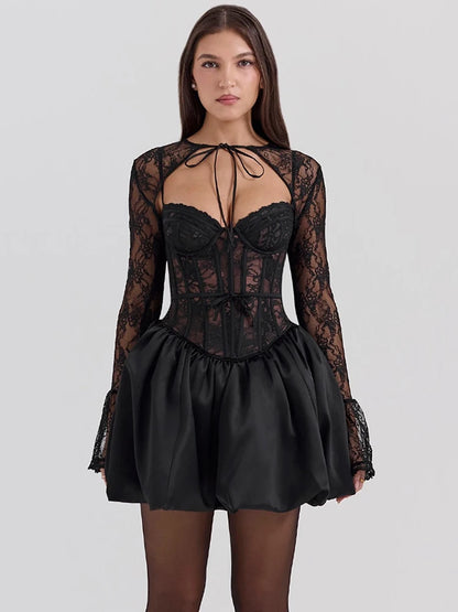 Black Lace Puffball Sexy Mini Dress For Women Fashion Lace-up Sheer Long Flare Sleeve High Waist Club Party Dress
