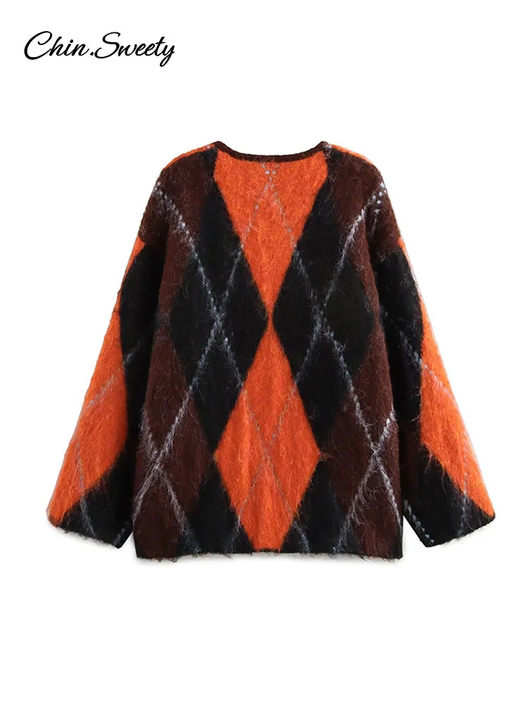 Mohair O-neck Contrast Color Knit Sweater Women Geometry Print Long Sleeve Loose Single-breasted Knitwear Lady All-match Top _