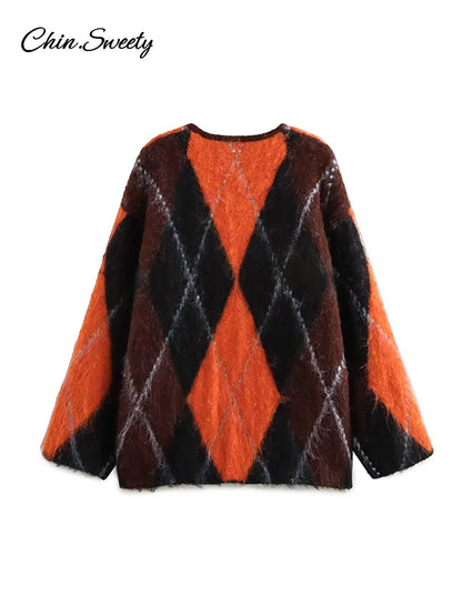 Mohair O-neck Contrast Color Knit Sweater Women Geometry Print Long Sleeve Loose Single-breasted Knitwear Lady All-match Top _
