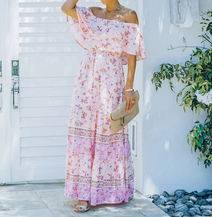 Flower Print Off Shoulder Long Dresses For Women Spring Summer New Fashion Temperament High Waist Leace-up Dress Female Vestidos