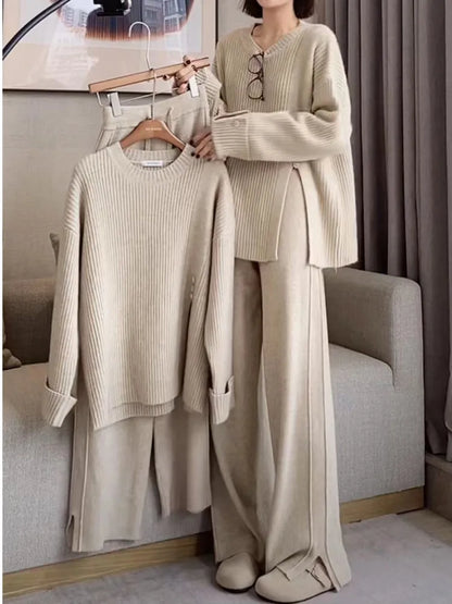 Women’s Knitted 2-Piece Set Tracksuit Autumn Winter O-neck Pullover Sweater Wide Leg Pants Harajuku Warm Solid Casual Suit New