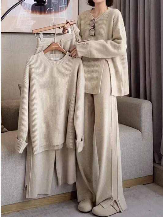 Women’s Knitted 2-Piece Set Tracksuit Autumn Winter O-neck Pullover Sweater Wide Leg Pants Harajuku Warm Solid Casual Suit New