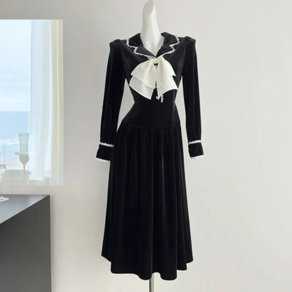Elegant Vintage Lapel Midi Dresses for Women Bow Long Sleeve Birthday Party Dress A-line Autumn New Korean Fashion Vestido Mujer