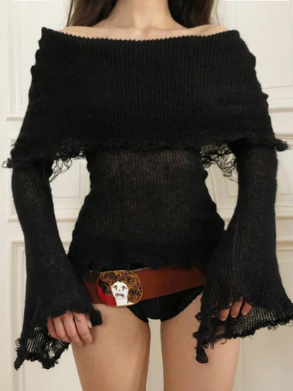 Voguable Grunge Fairycore Off Shoulders Ripped Sweaters Slash Neck Goth Jumper Tops Y2K Dark Academic Pullover