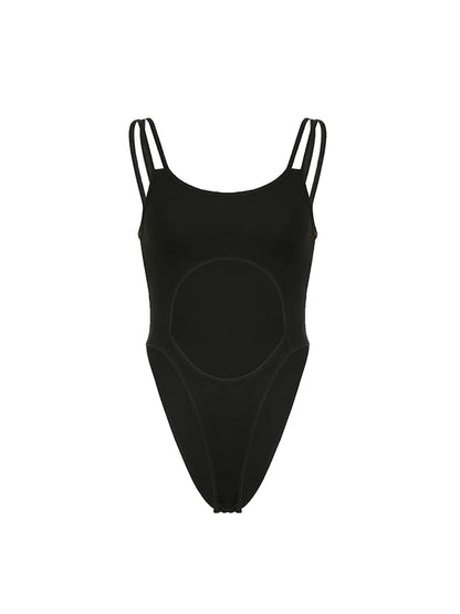 Front Cut Out Skinny Sexy Black Slip Bodysuit Women Rave Baddie Outfits
