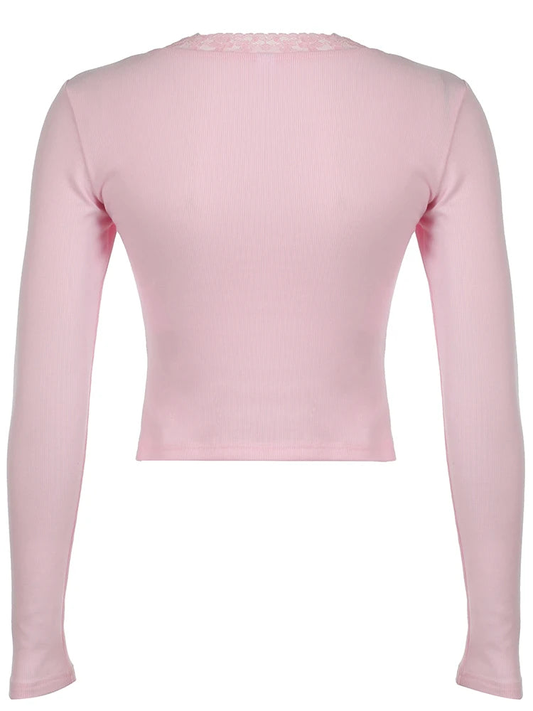 Japanese Kawaii Pink Sweet Bow Long Sleeve Tee Front Ruched Bust Lace Trim Square Collar Slim Balletcore Women T Shirt