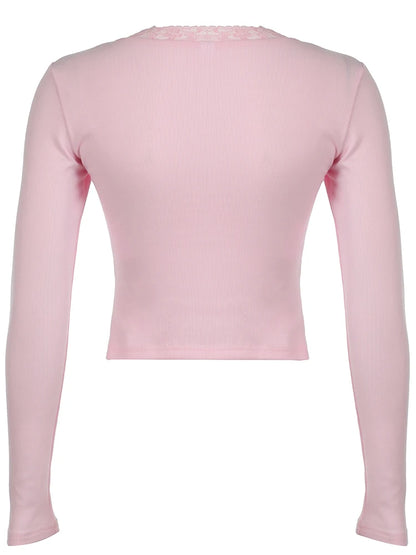 Japanese Kawaii Pink Sweet Bow Long Sleeve Tee Front Ruched Bust Lace Trim Square Collar Slim Balletcore Women T Shirt