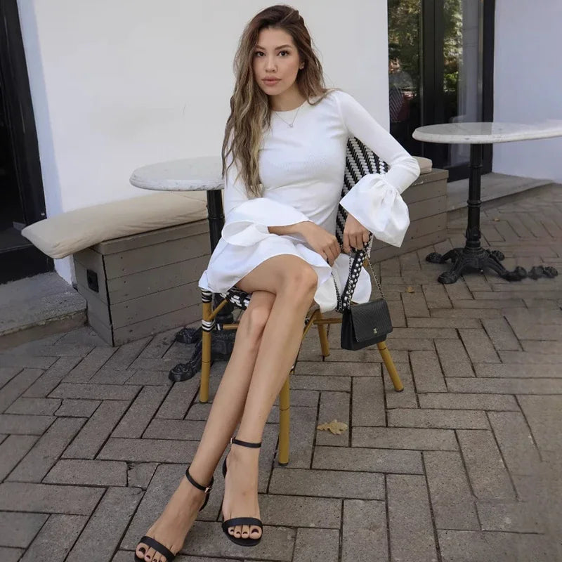 Knitted Mini Dress Female Long Sleeves Gown Flare Sleeves Spliced Autumn Winter Dress A-Line Sweet Bodycon Women Clothes