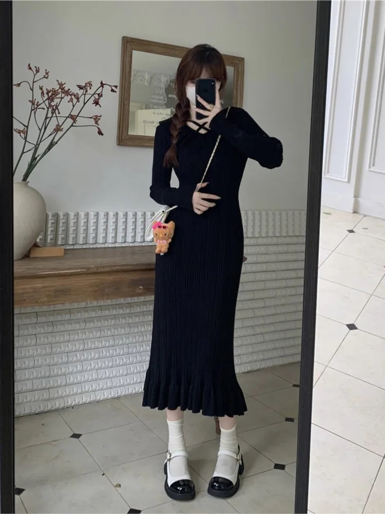 Autumn Knitted Dresses for Women Ruffles V-neck Solid Bodycon Casual Solid Midi Dress Korean Fashion Vestidos Mujer New Knitwear