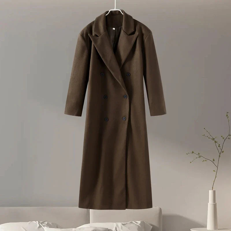 Casual Brown Wool Long Coats for Women Loose Turn Down Collar Double Breasted Female Overcoat Autumn Winter Street Lady Outwear